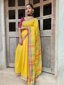 Yellow cotton bhujodi saree